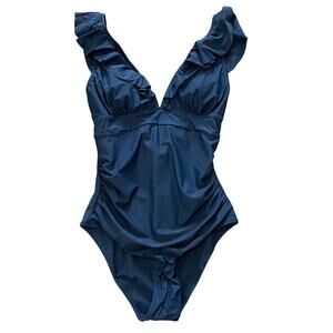 NWT Cupshe Ruffle Dark Blue One Piece Swimsuit, Ruching, Size M